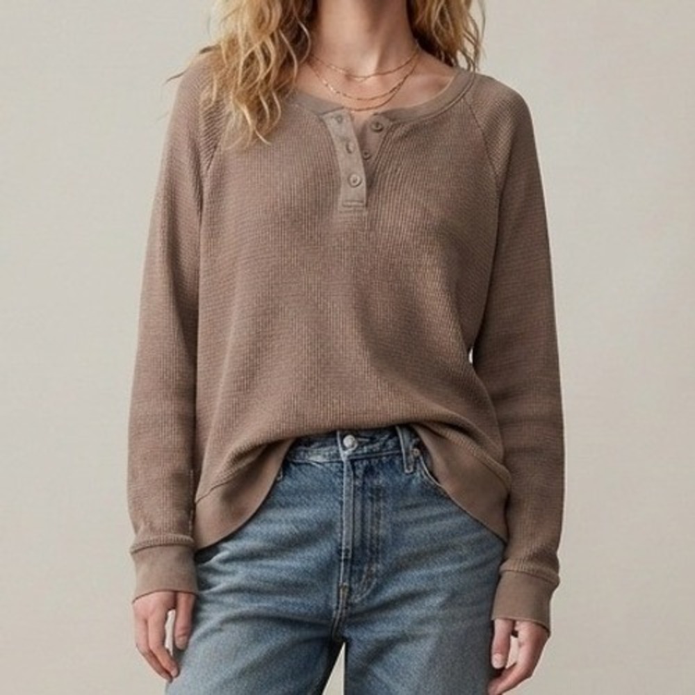 Gap thermal waffle knit Henley Shirt Brown XS oversized relaxed fix boxy cozy